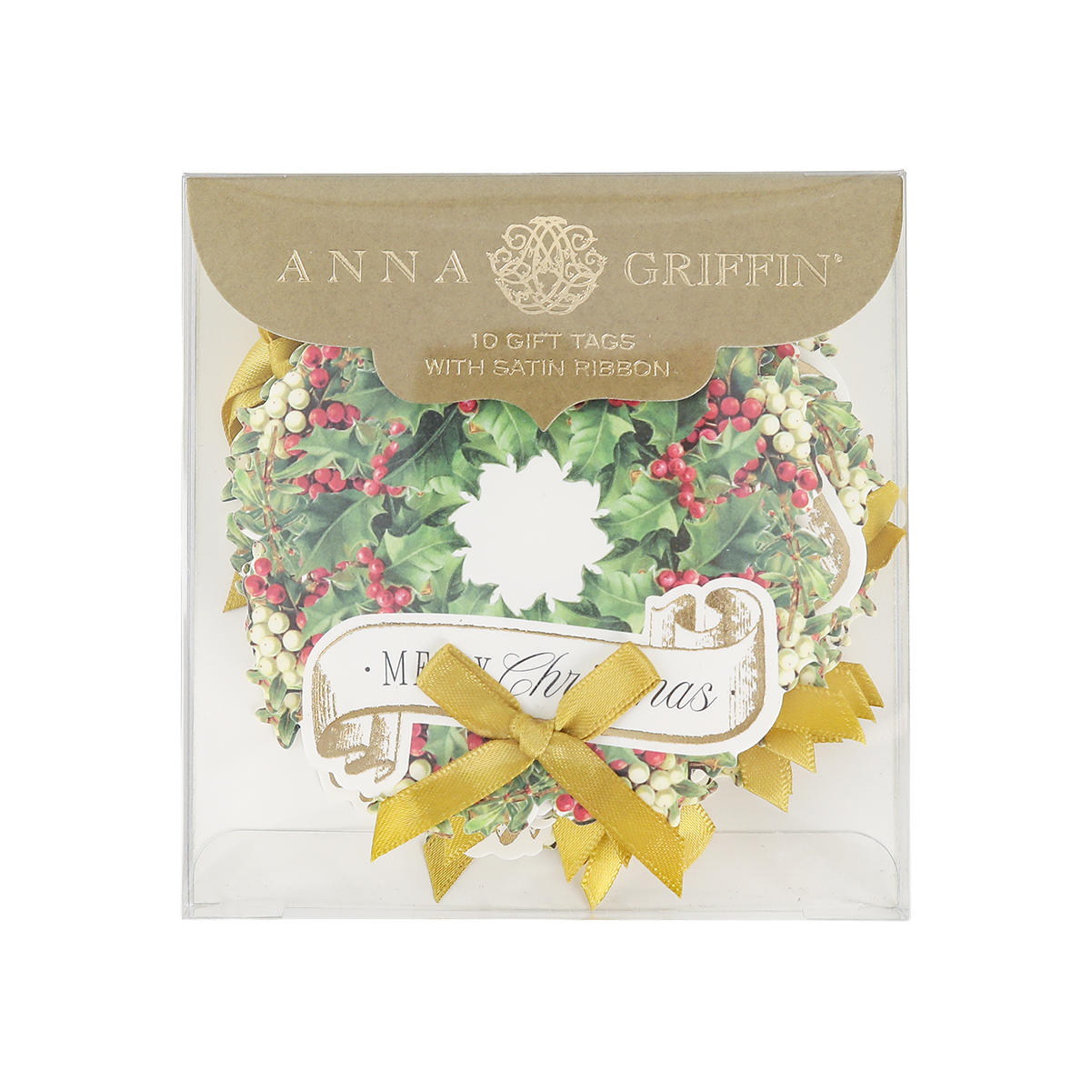 A package of Mistletoe Wreath Tag 10 ct features festive Christmas gift tags shaped like wreaths, adorned with gold ribbons and a visible “Merry Christmas” banner on the front. These elegant tags add a sophisticated touch to your holiday gifts.
