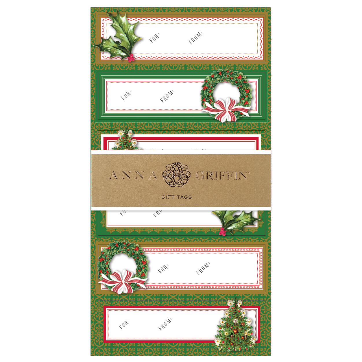 A set of holiday-themed gift tags featuring various festive designs, including wreaths and holly, with spaces to write "To" and "From," labeled as "Christmas Greenery 3D Labels 24 ct.