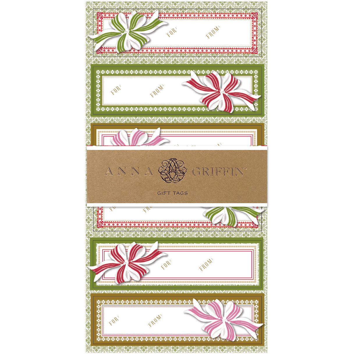 The "Bows 3D Labels 24 ct" set features Anna Griffin gift tags with striped bow designs in green and red, complete with "To" and "From" sections and bordered in festive patterns.