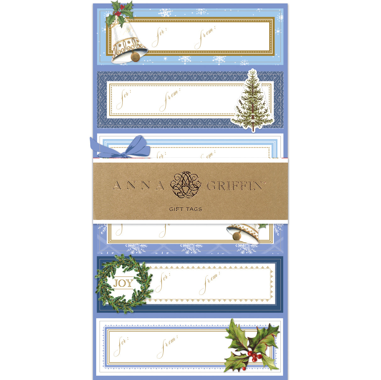 Blue Bells and Bows 3D Labels 24ct feature holiday gift tags with blue, gold foil, and white designs of bells, a tree, a wreath, and holly. Each tag includes "To:" and "From:" lines—ideal for festive gift wrapping.