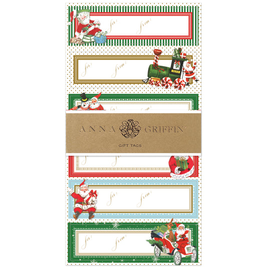 The Vintage Santa 3D Labels 24ct features Christmas-themed gift tags with Santa, toys, and trains, accented in gold foil. Each label includes "To:" and "From:"—perfect for adding a festive finishing touch to your holiday gifts.