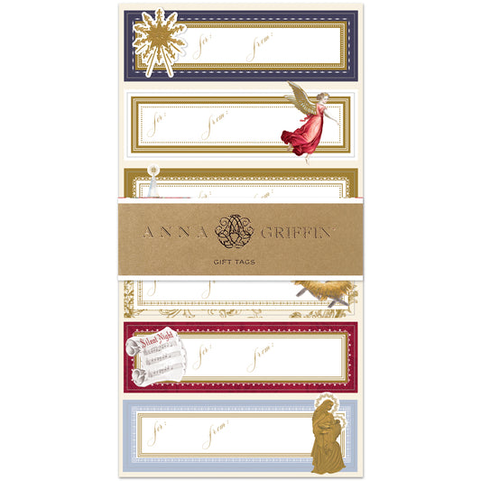 Add elegance to your gifts with Religious 3D Labels 24ct—decorative gift tags featuring gold foil, red, blue, and cream borders plus angel and holiday-themed designs. Perfect for holiday wrapping!.