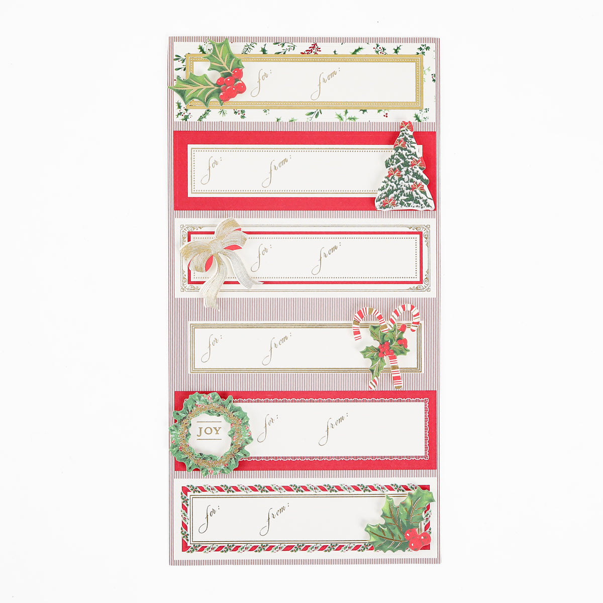Add extra charm to your holiday wrapping with the Joyful Gingham 3D Labels 24 ct—a set of festive rectangular Christmas gift tags featuring subtle gingham designs and 3D accents. Each tag showcases seasonal decorations like holly, a tree, a bow, candy canes, a wreath, and mistletoe—all labeled “To:/From:” for easy gifting—making every present feel extra special.