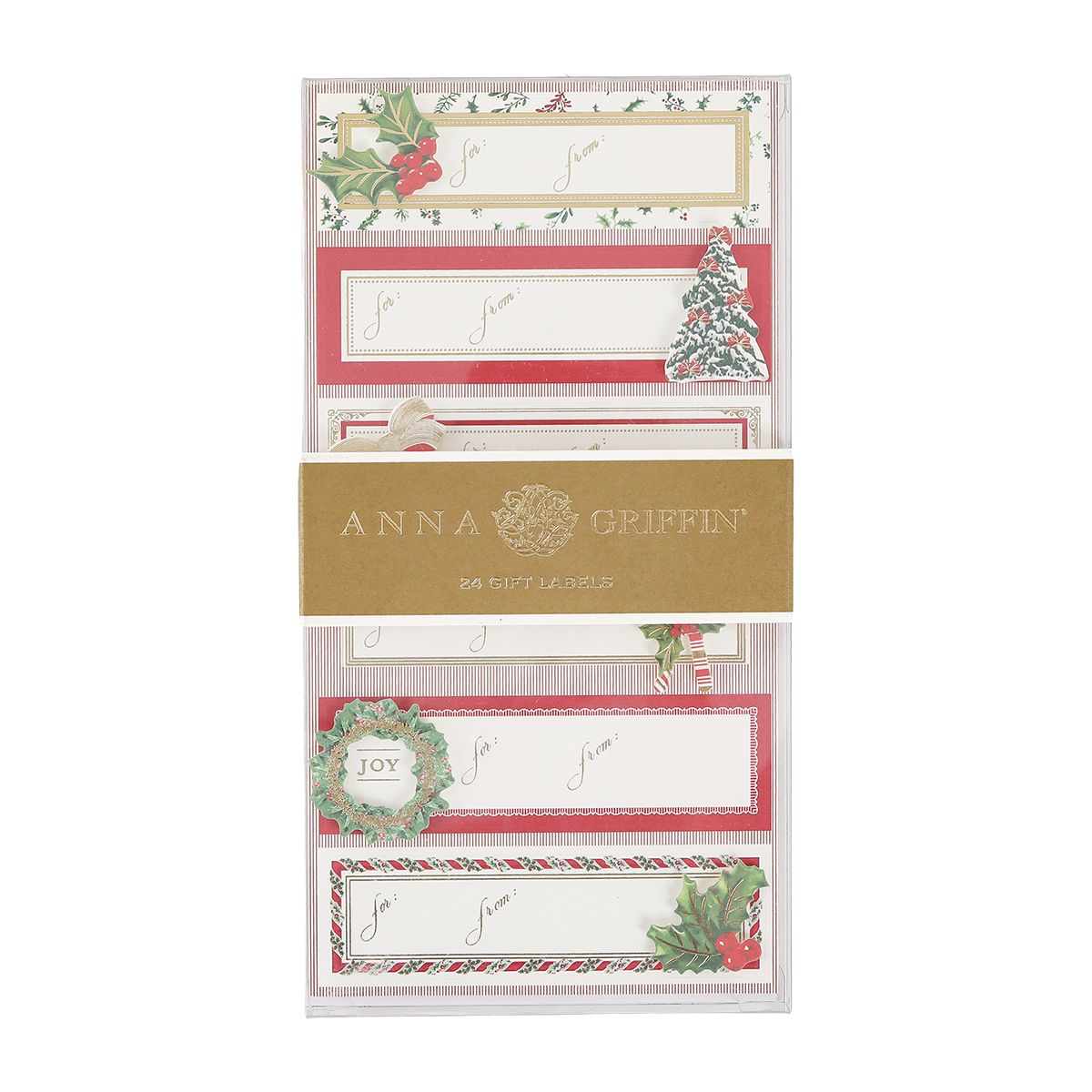A package of Anna Griffin Joyful Gingham 3D Labels featuring festive designs such as holly, Christmas trees, gingham patterns, and “Joy” text. Perfect for holiday wrapping, the pack contains 24 labels.