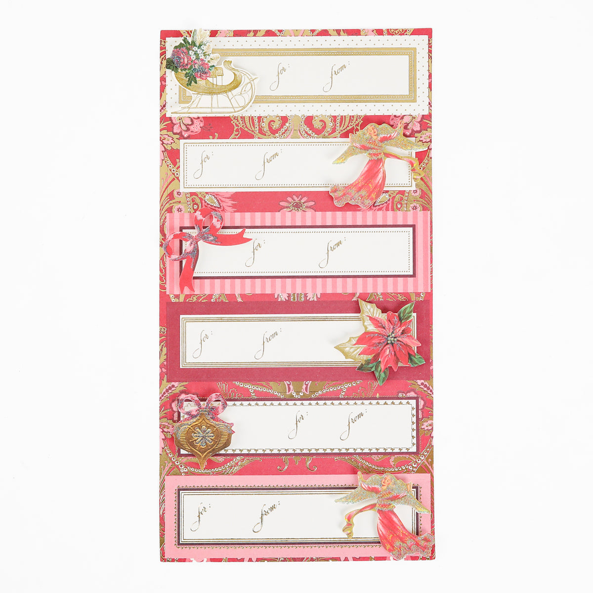 Add a festive finishing touch to your presents with the Timeless Red & Gold 3D Labels 24 ct—a set of Christmas gift tags featuring elegant red and gold designs, including illustrations of an angel, poinsettia, sleigh, and ribbon. These beautifully crafted vertical tags instantly elevate any holiday wrapping with their charming three-dimensional look.