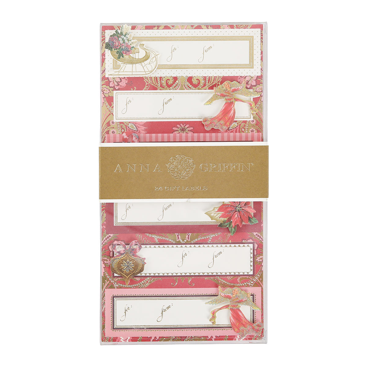 A set of 24 Timeless Red & Gold 3D Labels featuring elegant holiday designs like poinsettias, ornaments, and bows in classic red and gold tones, with space to write names—perfect for giving your holiday wrapping a festive touch.