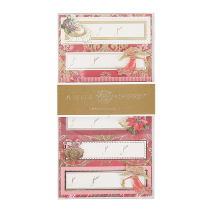 A set of 24 Timeless Red & Gold 3D Labels featuring elegant holiday designs like poinsettias, ornaments, and bows in classic red and gold tones, with space to write names—perfect for giving your holiday wrapping a festive touch.