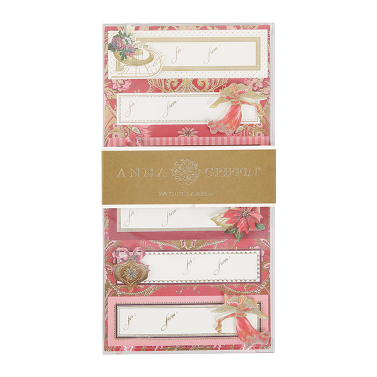 A set of 24 Timeless Red & Gold 3D Labels featuring elegant holiday designs like poinsettias, ornaments, and bows in classic red and gold tones, with space to write names—perfect for giving your holiday wrapping a festive touch.