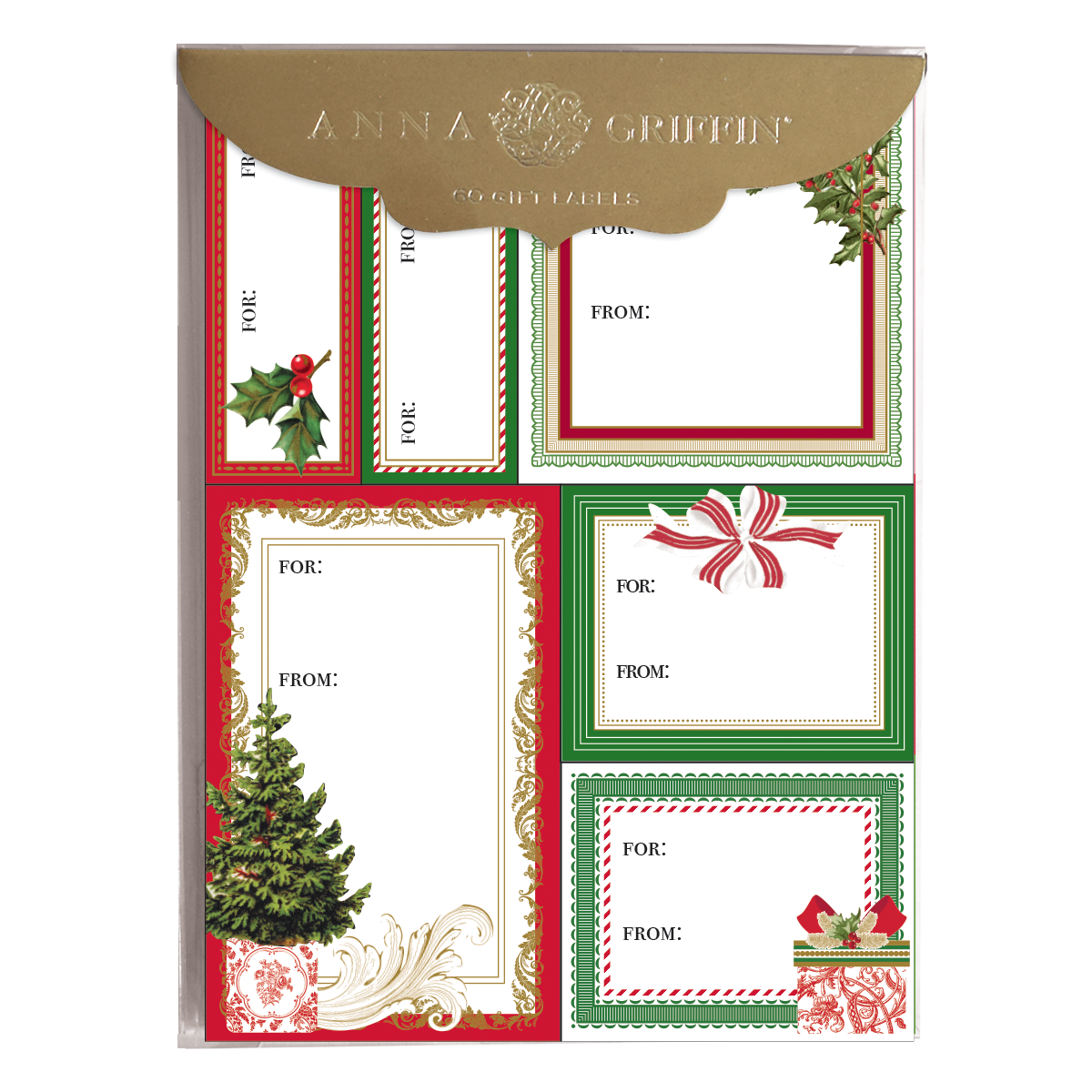 The Christmas Wishes Label Sheet 60 ct features an array of assorted holiday gift labels adorned with festive borders including holly, a Christmas tree, and ornaments. Each label includes "For" and "From" fields for personalization.