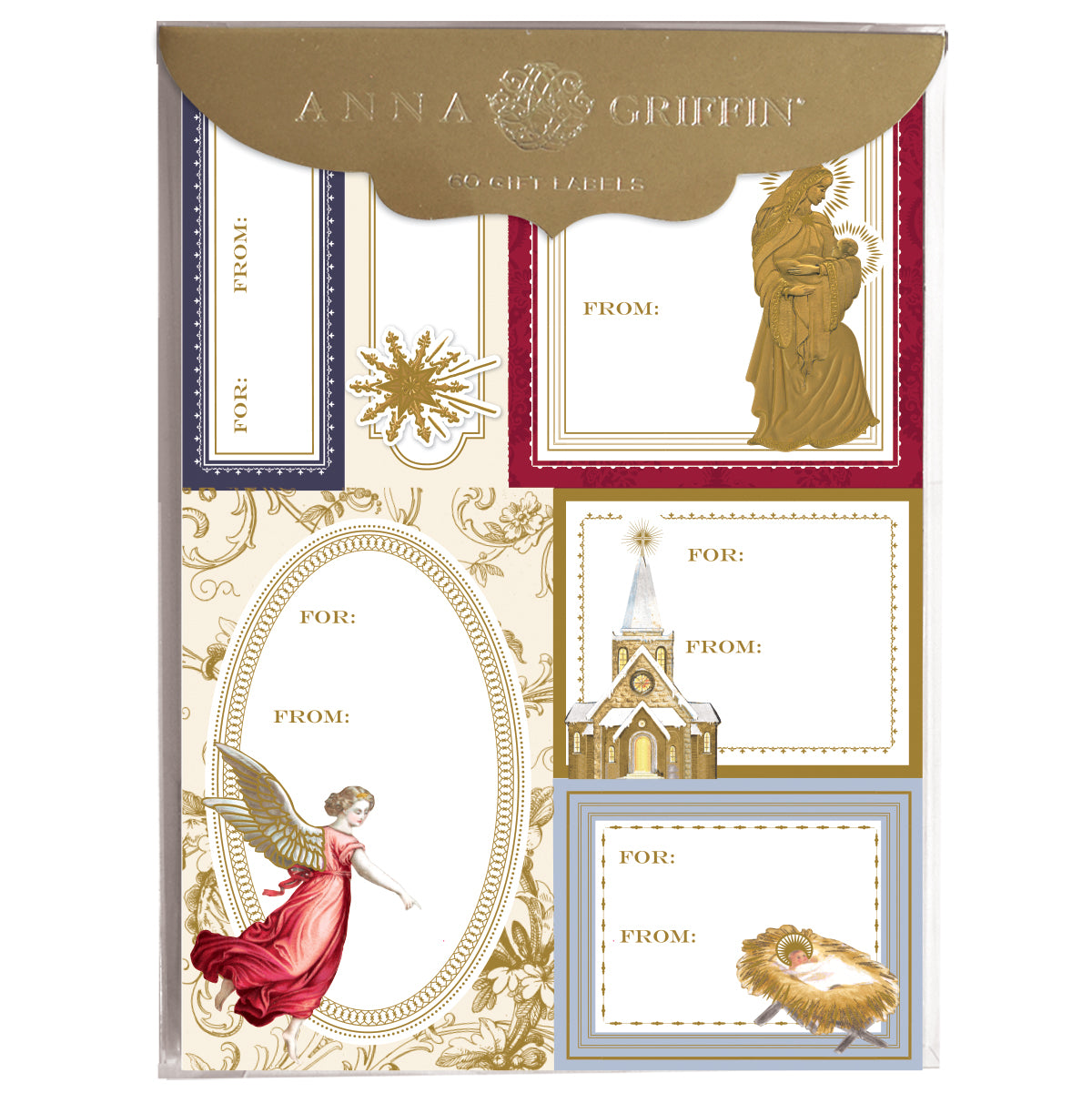 The Religious Label 72ct features decorative gift tag stickers with vintage Christmas designs like angels, a church, and a nativity scene, plus gold foil accents. Each label includes "For:" and "From:" fields for personalizing your gifts.