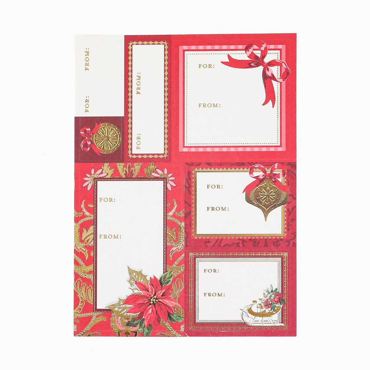Timeless Red and Gold Labels 72 ct features a sheet of holiday gift tag stickers in rich red and gold tones, each with “For:” and “From:” labels. Embellished with bows, poinsettia, ornaments, and fruit bowl illustrations, these festive foil-accented labels bring an elegant touch to every gift.