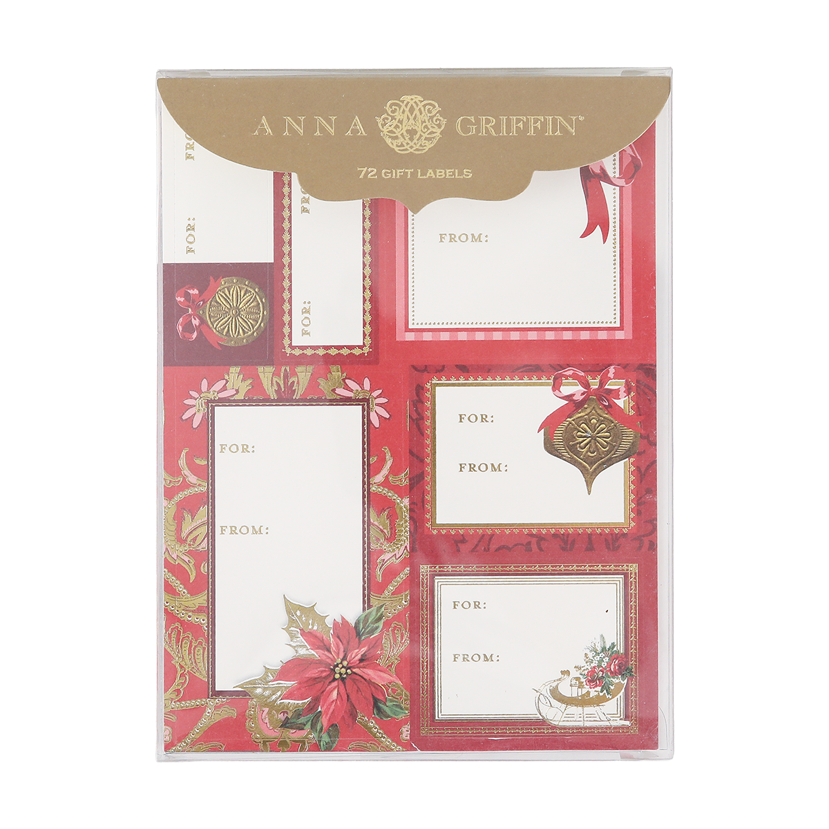 A package of Timeless Red and Gold Labels 72 ct contains festive gift tag stickers adorned with holiday motifs such as ornaments, bows, and poinsettias. These elegant labels feature classic red, gold, and white designs with foil accents, providing a beautiful finishing touch to your holiday gifts.