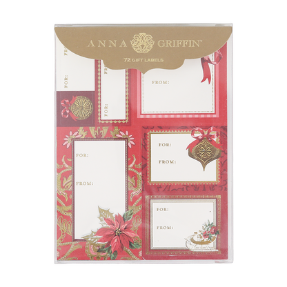 A package of Timeless Red and Gold Labels 72 ct contains festive gift tag stickers adorned with holiday motifs such as ornaments, bows, and poinsettias. These elegant labels feature classic red, gold, and white designs with foil accents, providing a beautiful finishing touch to your holiday gifts.