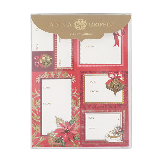 A package of Timeless Red & Gold Labels 72 ct, featuring holiday-themed gift tag stickers with poinsettias, ornaments, and elegant red and gold designs perfect for adding a festive touch to your presents.