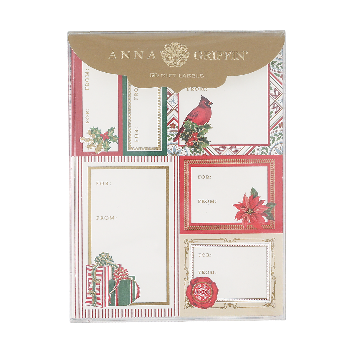 A package of Classic Yuletide Labels contains 72 Christmas gift tags featuring six festive designs with holiday motifs such as poinsettias, a cardinal, wrapped gifts, and holly berries.