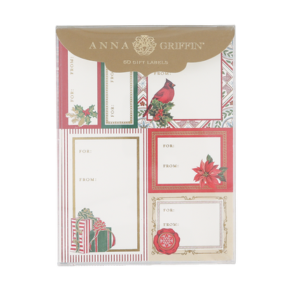 A package of Classic Yuletide Labels contains 72 Christmas gift tags featuring six festive designs with holiday motifs such as poinsettias, a cardinal, wrapped gifts, and holly berries.
