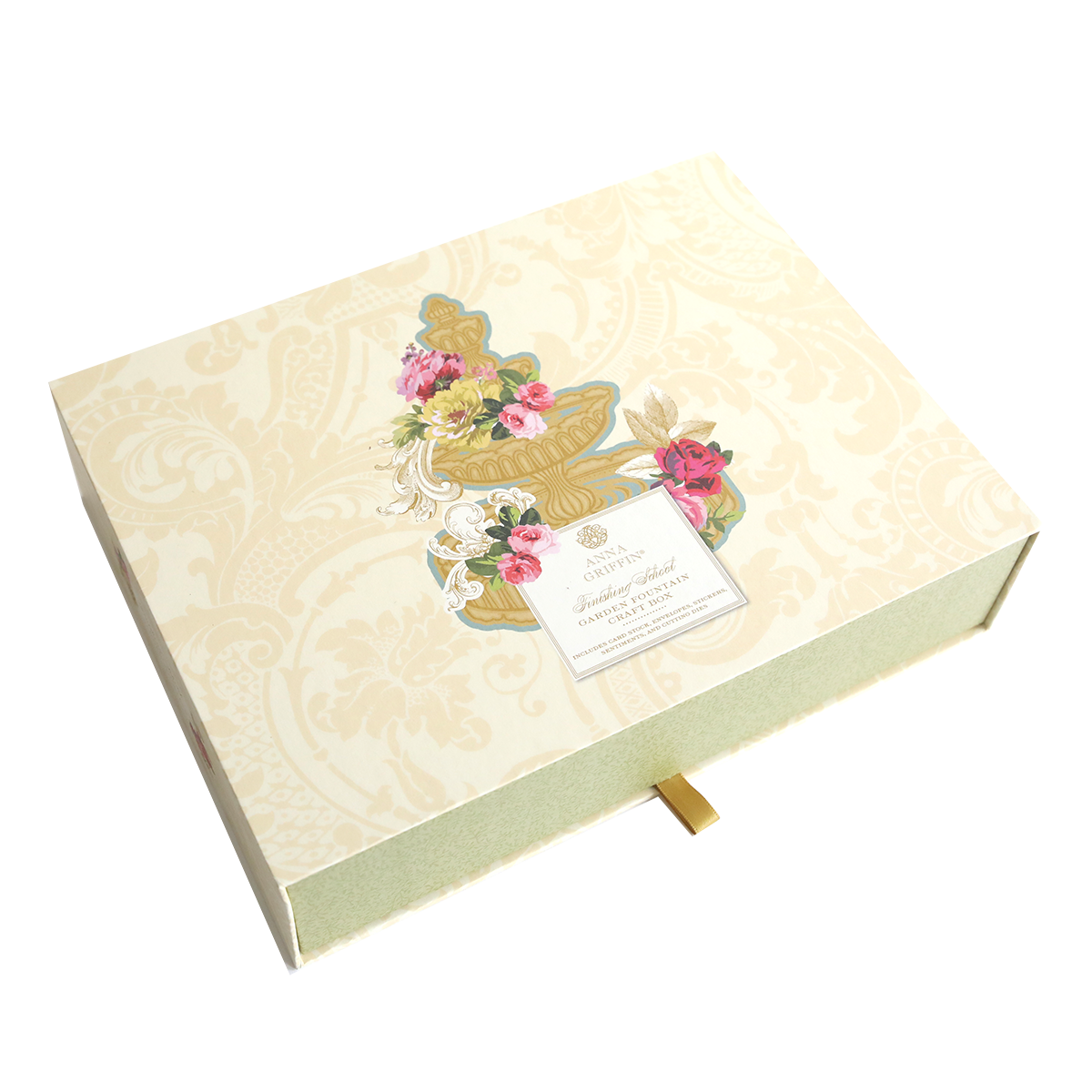 A craft box with a floral design on it, perfect for Garden Fountain Easel Finishing School Kit cards or as a gift box for Anna Griffin SEO keywords: Garden Fountain Easel Cards.