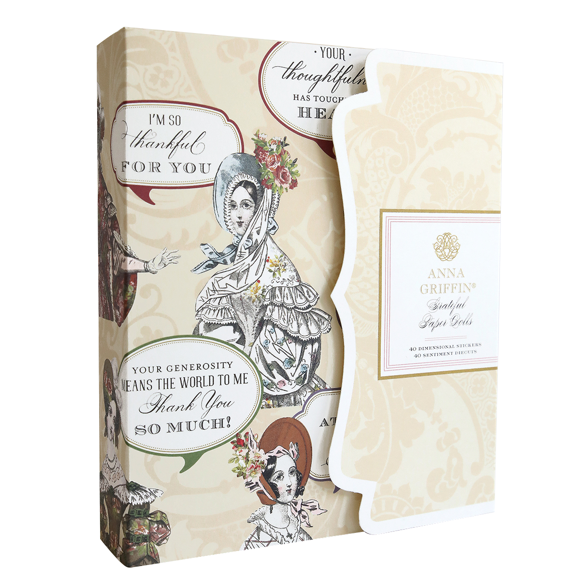 Introducing the "Grateful Paper Doll Stickers and Sentiment Diecuts," a boxed set of thank you cards featuring illustrations of Victorian ladies in vintage attire adorned with floral accents. The packaging, marked with "Anna Griffin," includes heartfelt messages of gratitude, resembling elegant die cuts for a timeless keepsake.