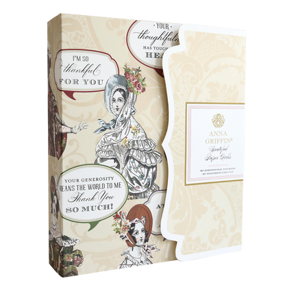 Introducing the "Grateful Paper Doll Stickers and Sentiment Diecuts," a boxed set of thank you cards featuring illustrations of Victorian ladies in vintage attire adorned with floral accents. The packaging, marked with "Anna Griffin," includes heartfelt messages of gratitude, resembling elegant die cuts for a timeless keepsake.