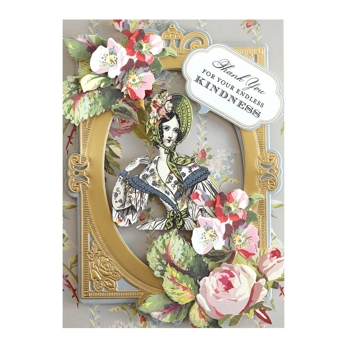 A decorative thank you card from the Grateful Paper Doll Stickers and Sentiment Diecuts collection, featuring floral embellishments, die cuts, and a vintage-style illustration of a Victorian lady in the center. The text reads, "Thank You for Your Endless Kindness.