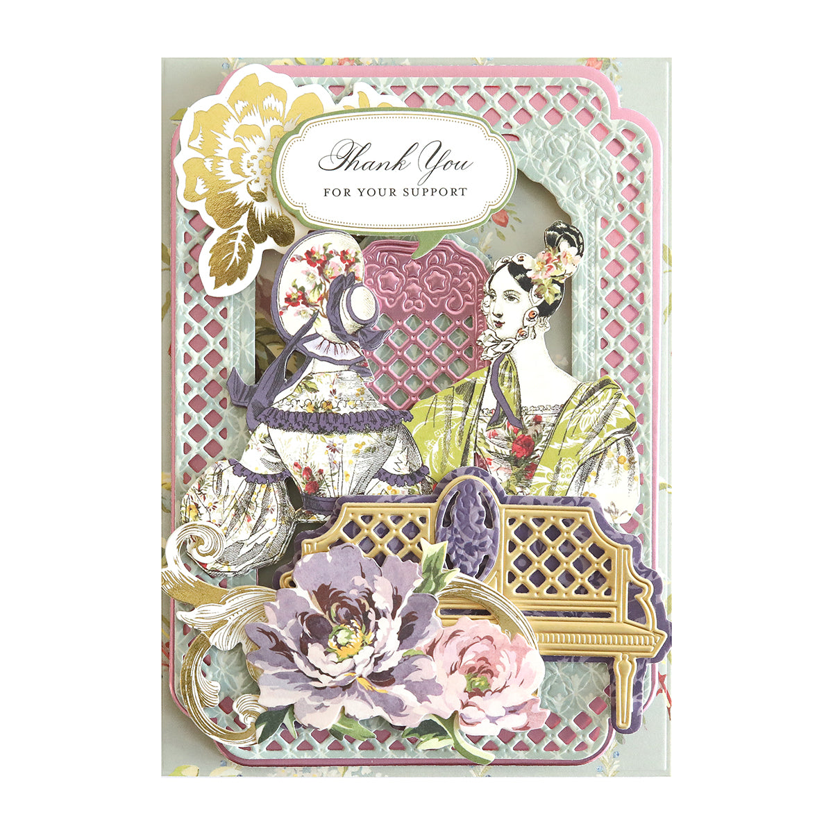 A decorative thank you card featuring vintage-style illustrations of two elegantly dressed Victorian ladies and floral elements from the Grateful Paper Doll Stickers and Sentiment Diecuts, with a message reading "Thank You for Your Support" at the top.