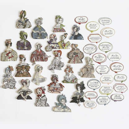 The "Grateful Paper Doll Stickers and Sentiment Diecuts" feature cut-out illustrations of Victorian ladies in historical attire, arranged alongside various printed phrases like "Thankful" and "Grateful," creating a charming collection reminiscent of grateful paper dolls.