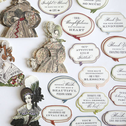 Grateful Paper Doll Stickers and Sentiment Diecuts featuring Victorian ladies in vintage clothing and various decorative plaques with phrases expressing gratitude and appreciation, arranged on a white background.