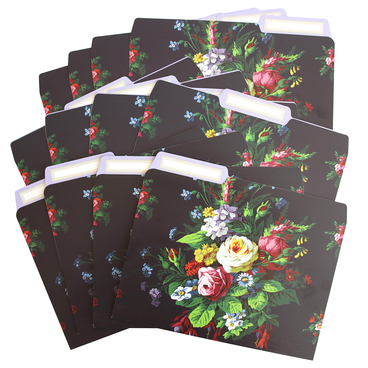 A set of Astrid Floral File Folders. Includes 12 standard size folders and 3 tab dividers.