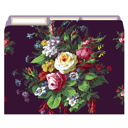 The Astrid Floral File Folders feature a standard size with a floral design, showcasing vibrant colorful flowers and green leaves on a dark background, along with convenient tab dividers.