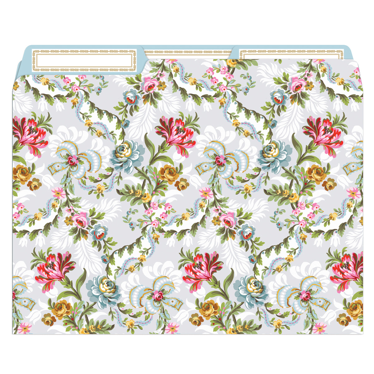 The standard-size Phoebe Floral File Folders boast a vintage-inspired design featuring colorful flowers and leaves on a light background, equipped with tab dividers for easy organization.