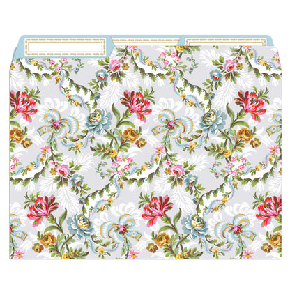 The standard-size Phoebe Floral File Folders boast a vintage-inspired design featuring colorful flowers and leaves on a light background, equipped with tab dividers for easy organization.