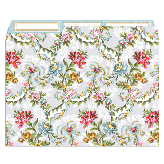 The standard-size Phoebe Floral File Folders boast a vintage-inspired design featuring colorful flowers and leaves on a light background, equipped with tab dividers for easy organization.