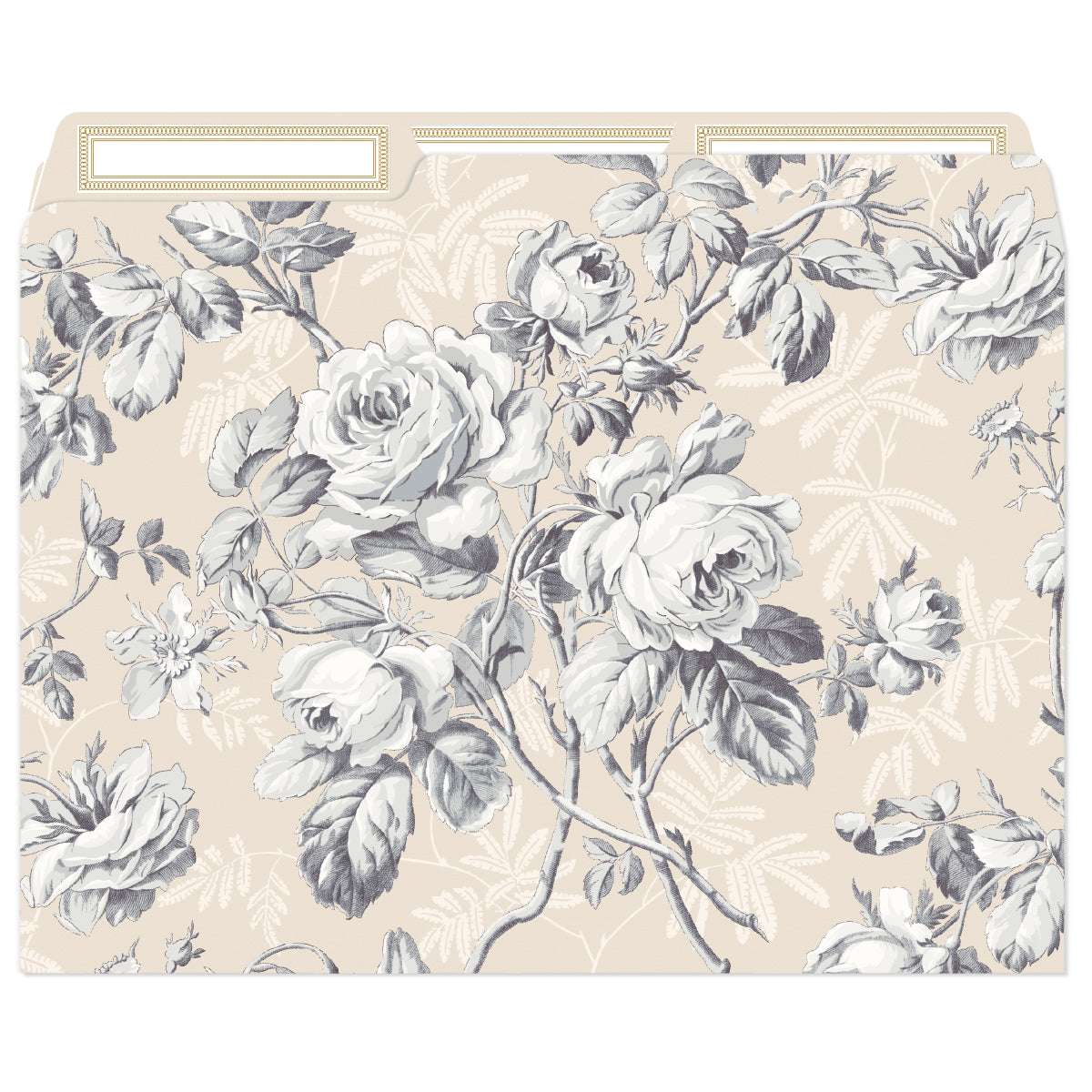 The Faded Rose File Folders feature a chic floral design with large white roses on a beige background. Ideal for organizing, this standard size folder pairs perfectly with tab dividers and is available in a set of 12.