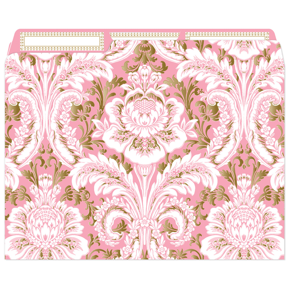 The Pink Damask Foil File Folder showcases a pink, white, and gold floral pattern with tab dividers for easy organization.