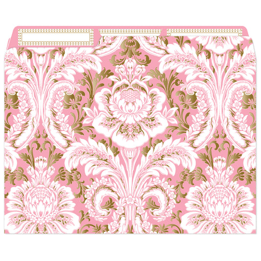 The Pink Damask Foil File Folder showcases a pink, white, and gold floral pattern with tab dividers for easy organization.