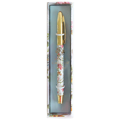 A Phoebe Floral Gift Pen adorned with elegant golden accents and delicate floral patterns, presented in a charming gift box. Perfect for the stationery enthusiast in your life.