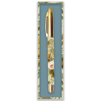 The Francesca Hostess Gift Set features a floral-patterned pen with gold accents in a matching decorative box with a blue background—perfect for gifting to any hostess.