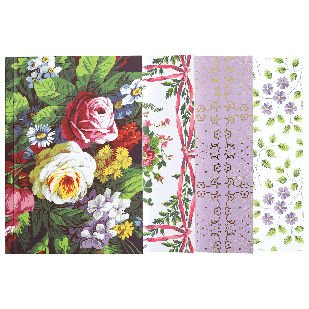 A collage of various floral patterns divided into panels with detailed botanical illustrations, ornamental borders, and purple background with flower motifs on Astrid Floral Notebook Set pages of 4.75" x 6.5".