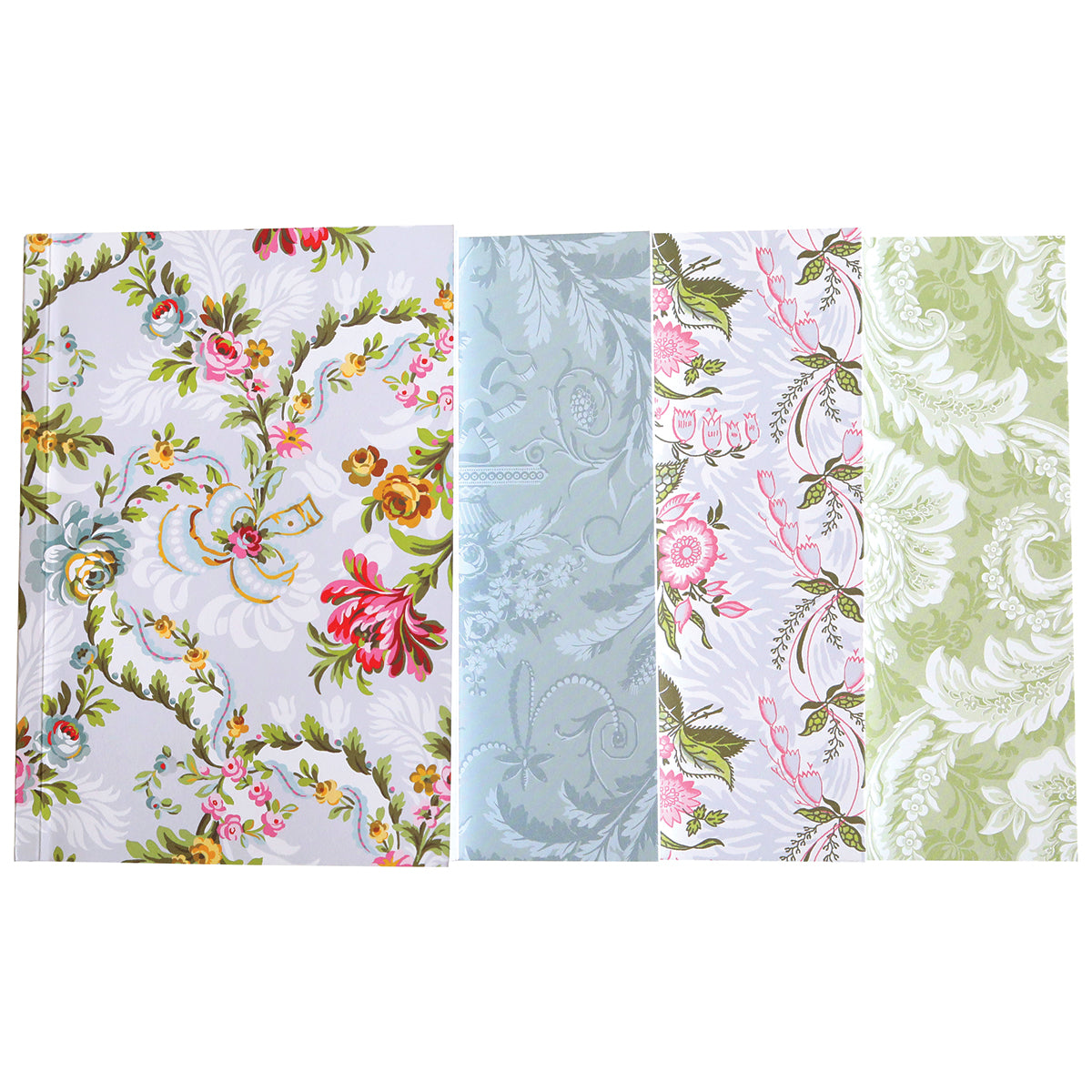 Three panels of Phoebe Floral Notebook Set designs with varying background colors and patterns, each size resembling pages from lined notebooks.