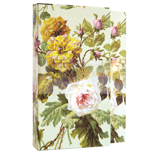 The Francesca Notebook Set features floral covers with vintage-style roses and green leaves in soft pastels, elegantly enhanced by gold foil accents.