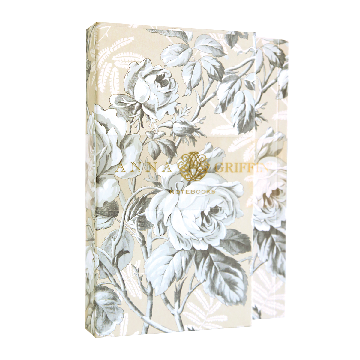 The Faded Rose Notebook Set features a beige and gray floral design with large white roses and green leaves. Branded "Anna Griffin" in gold foil, it offers lined pages for all your writing needs.