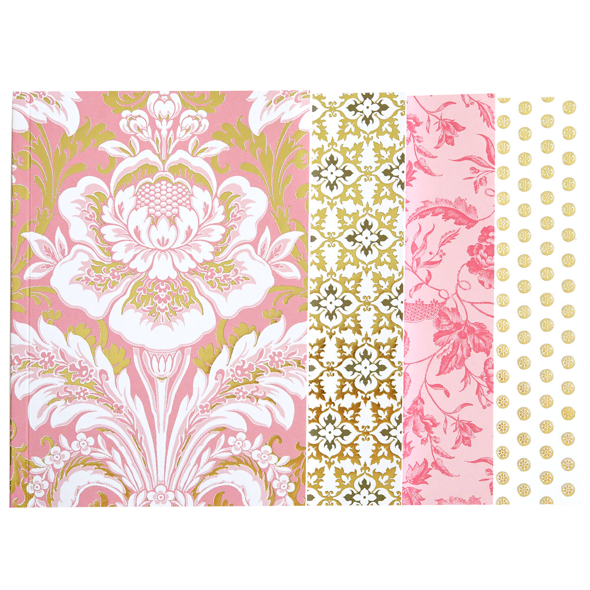 The Pink Damask Notebook Set features a spiral journal with five distinct decorative paper panels: pink floral, gold floral, pink floral with birds, pink with gold flowers, and gold dots on white. The lined pages are elegantly accented with shimmering gold foil.