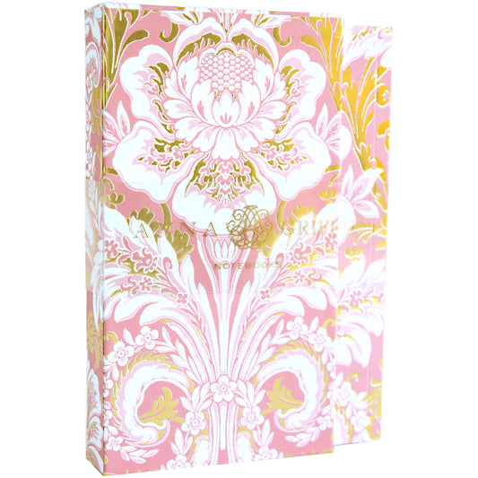 The Pink Damask Notebook Set includes a spiral journal with an ornate pink and gold floral pattern, shimmering gold foil accents, and lined pages for your thoughts and inspirations.