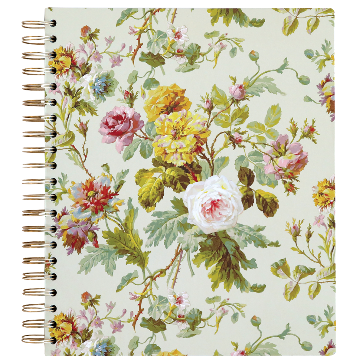 The Francesca Spiral Notebook features a floral cover with pink, yellow, and white flowers and green leaves, complemented by elegant gold foil accents.