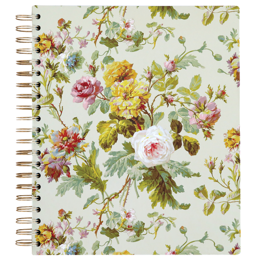 The Francesca Spiral Notebook features a floral cover with pink, yellow, and white flowers and green leaves, complemented by elegant gold foil accents.