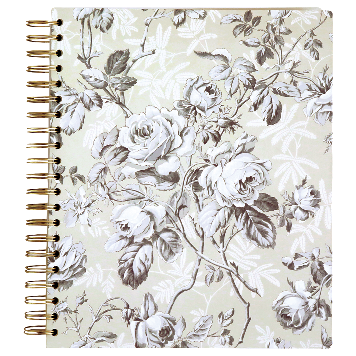 The Faded Rose Spiral Notebook features a floral cover with white and gray roses on a light background, lined pages, and elegant gold foil accents.