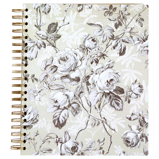 The Faded Rose Spiral Notebook features a floral cover with white and gray roses on a light background, lined pages, and elegant gold foil accents.