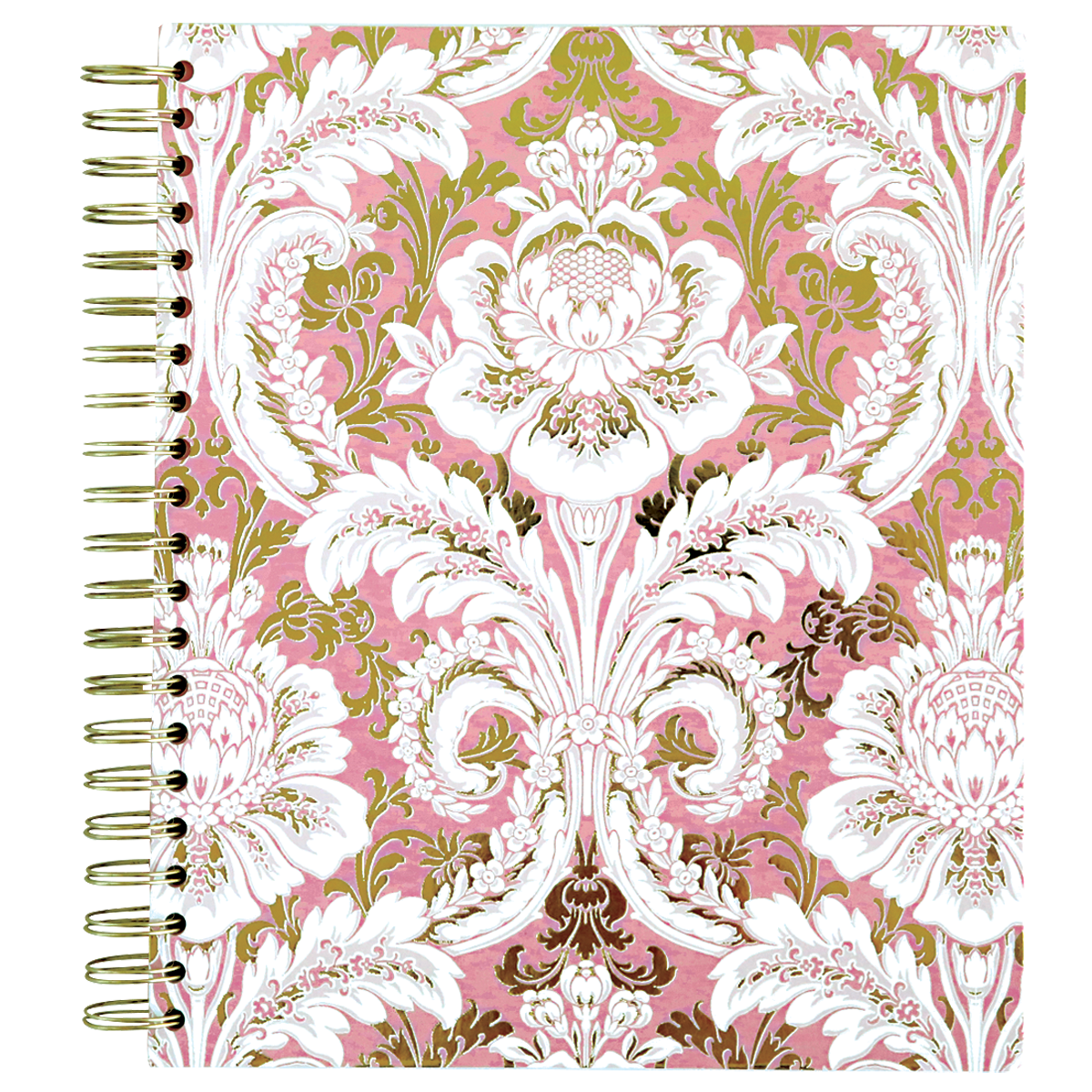 The Pink Damask Spiral Notebook boasts an ornate floral pattern in white, pink, and green on the cover with elegant gold foil accents.