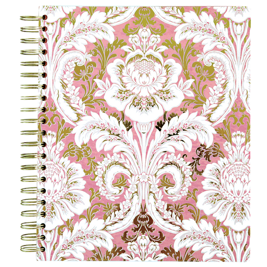 The Pink Damask Spiral Notebook boasts an ornate floral pattern in white, pink, and green on the cover with elegant gold foil accents.