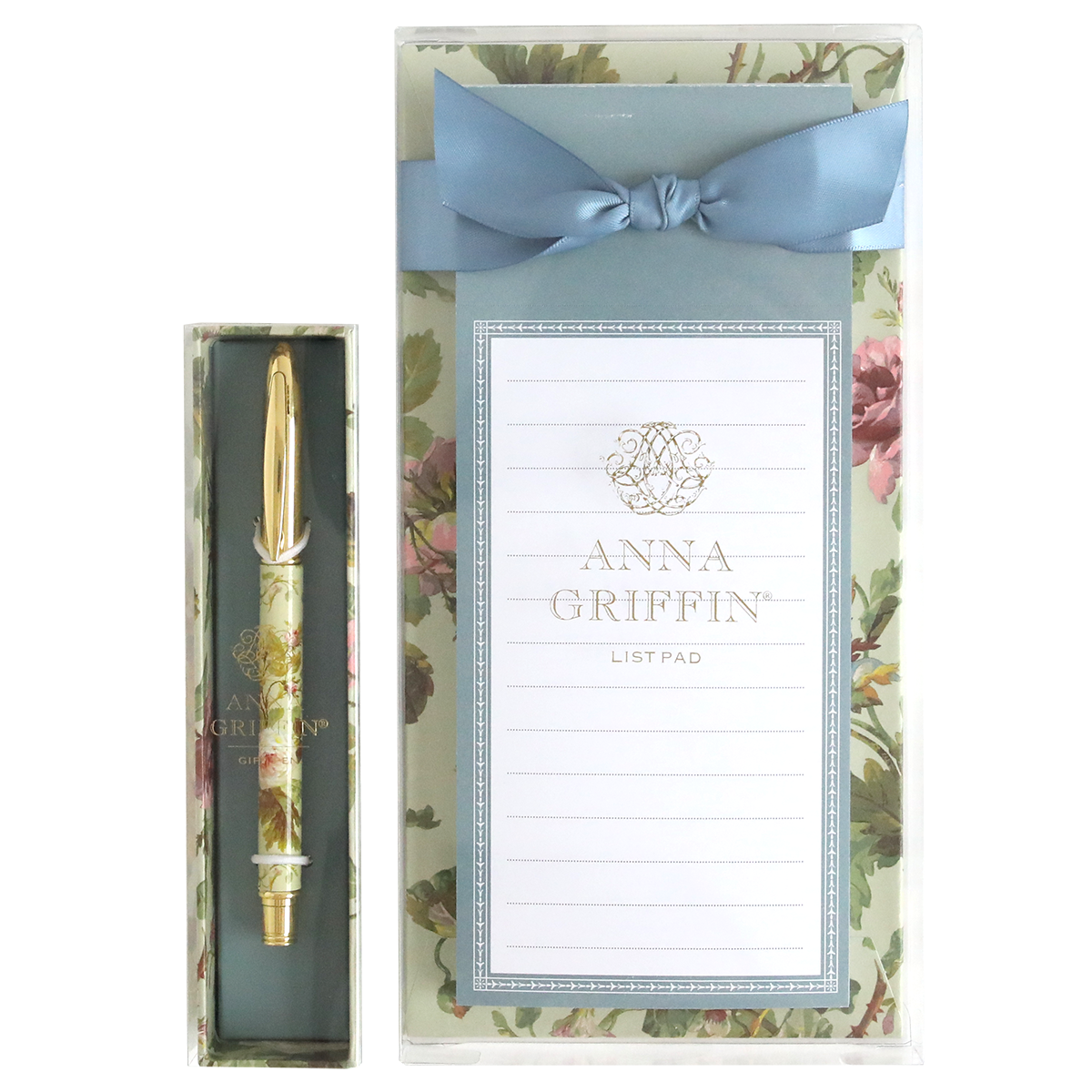 The Francesca Hostess Gift Set features a floral-themed list pad and matching pen, elegantly presented in a gift box with a blue ribbon—making it an ideal hostess gift.